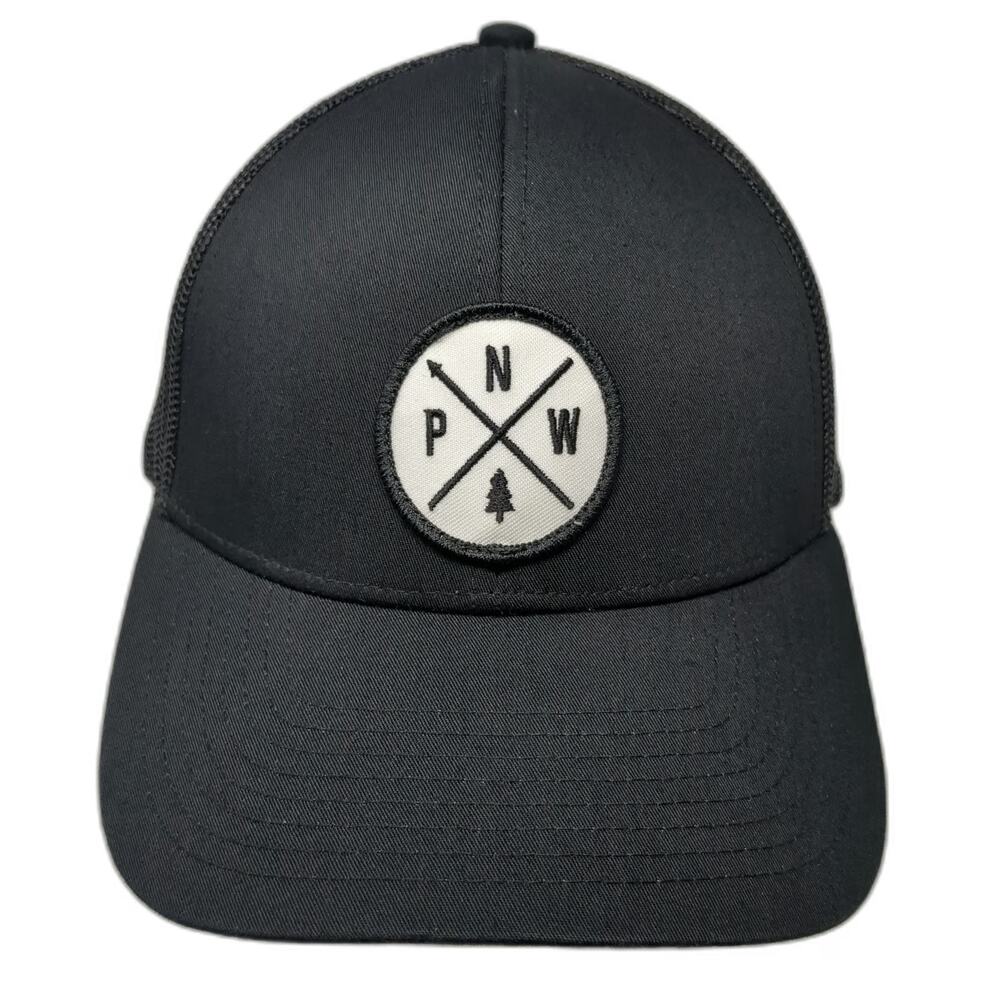 Haka Trucker Hat Black One Size PNW Pacific Northwest Pine Tree Mesh Snapback